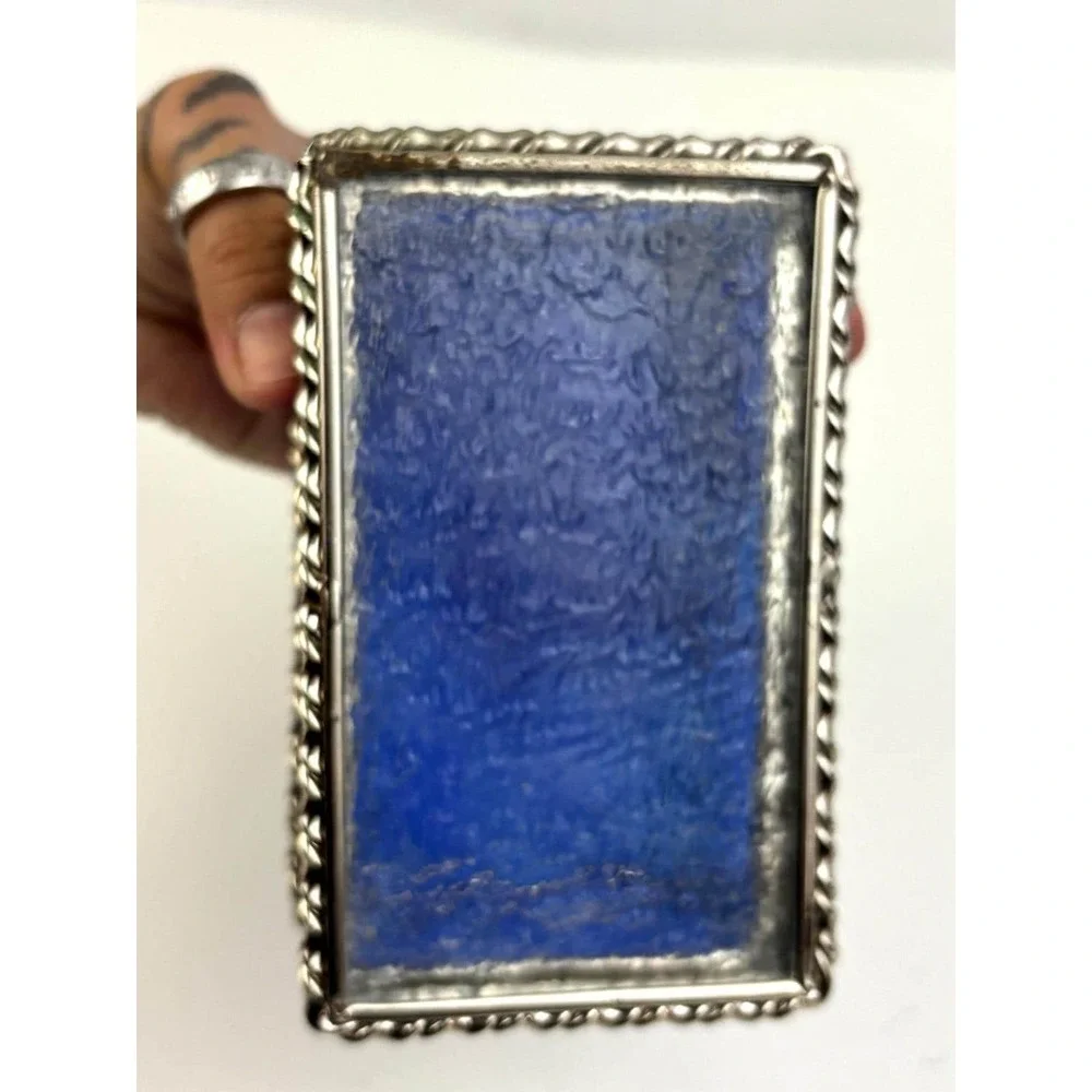 Vintage Blue Slag Glass Jewelry Trinket Box Silver Tone‎ Hinged Lid